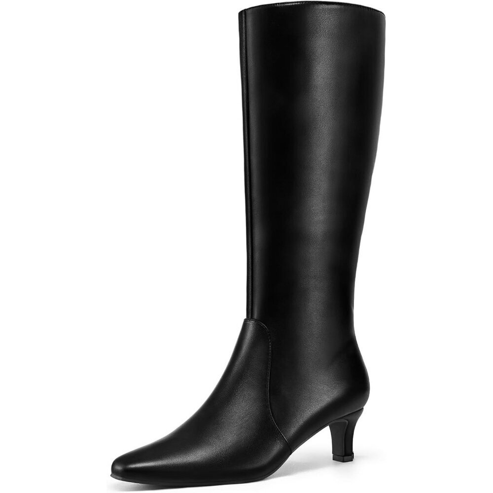 Women's Black Knee High Boots Kitten Heel Square Toe Fashion Tall Side Zipper